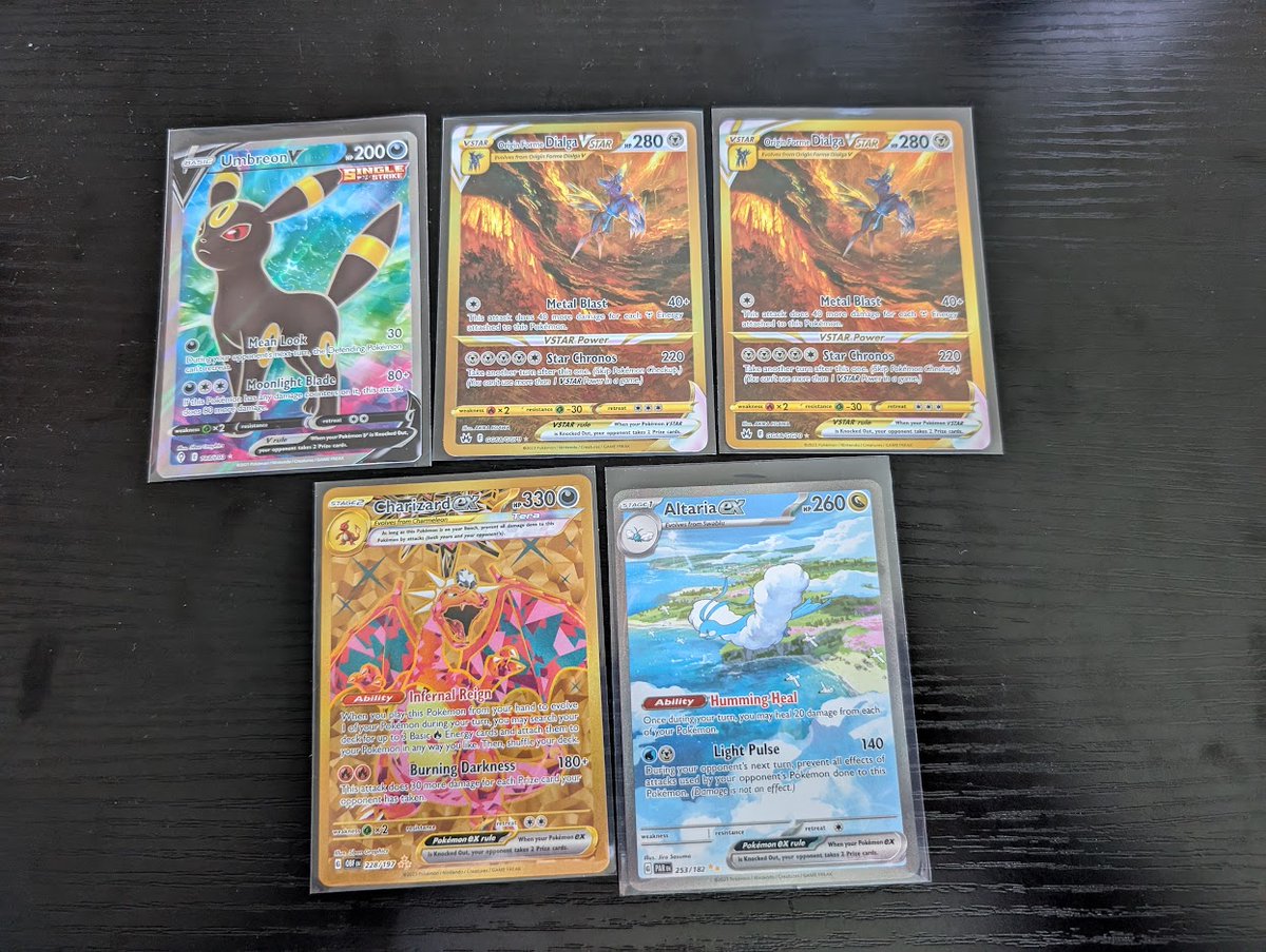 LEFTOVERS STACK SALE.
All cards will be moved to TCGPlayer on Wednesday.

Umbreon V Full Art - $42
Origin Forme Dialga VSTAR - $68 each
Charizard ex - $18
Altaria ex - $45

FREE PWE (Buyer's Risk. Up to 4 cards)
$5 BMWT (Any amount of cards)