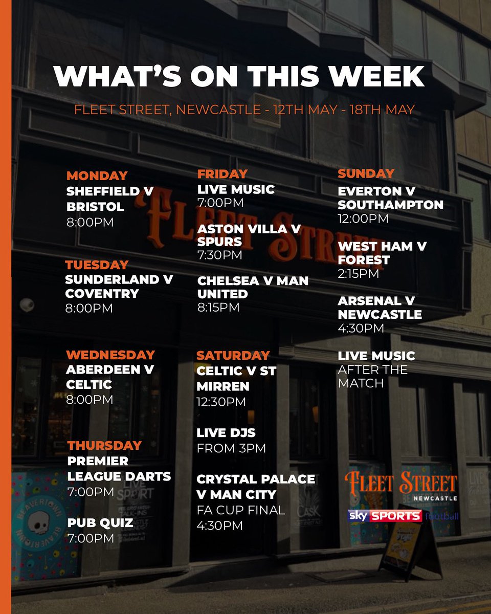 This Week at Fleet Street ➡️ Our pub quiz returns this Thursday as well as plenty of live music and every big match on screen — don’t miss Arsenal v Newcastle this Sunday, and don’t forget it’s £1 drinks for every Newcastle goal! #FleetStreetNewcastle #PubQuiz #LiveMusic