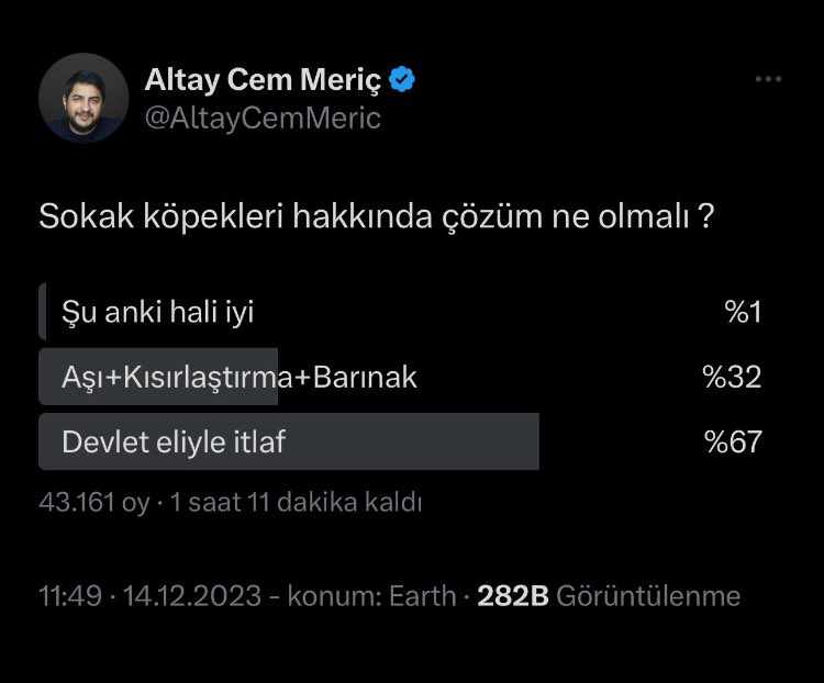 Başıboş Köpek Tehlikesi (@kopektehlikesi) on Twitter photo Şuana kadar yapılan tüm kamuoyu araştırmalarında halkımız sahiplenilmeyen köpeklerin uyutulmasını istemiştir.
Dünyada sadece barınak sistemi diye bir şey yok. Uyutma olmadan çözüm olmaz.
Devlet ivedilikle adım atmalıdır. <a href="/tcbestepe/">T.C. Cumhurbaşkanlığı</a> <a href="/iletisim/">T.C. İletişim Başkanlığı</a> <a href="/RTErdogan/">Recep Tayyip Erdoğan</a> Şuana kadar yapılan tüm kamuoyu araştırmalarında halkımız sahiplenilmeyen köpeklerin uyutulmasını istemiştir.
Dünyada sadece barınak sistemi diye bir şey yok. Uyutma olmadan çözüm olmaz.
Devlet ivedilikle adım atmalıdır. <a href="/tcbestepe/">T.C. Cumhurbaşkanlığı</a> <a href="/iletisim/">T.C. İletişim Başkanlığı</a> <a href="/RTErdogan/">Recep Tayyip Erdoğan</a>