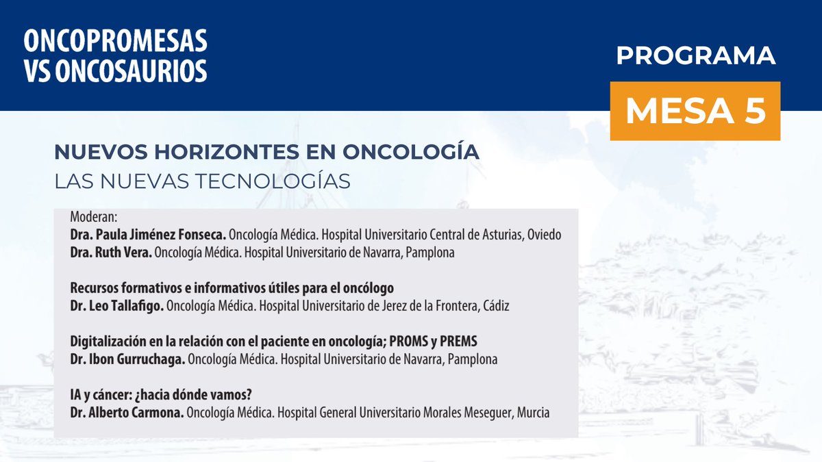 #MESA5 #PromesasVsSaurios sobre #NuevasTecnologías

▶️ Recursos formativos - Dr. Leo Tallago <a href="/TallafigoL/">Leo Tallafigo Moreno</a>
▶️ PROMS/PREMS y digitalización -Dr. Ibon Gurruchaga
▶️ IA y cáncer -Dr. Alberto Carmona <a href="/kimtruss/">Alberto Carmona Bayonas 🔭🔬🌍🇪🇺🧮</a> 

Moderan <a href="/PaulaJFonseca/">Paula Jimenez Fonseca</a> &amp; <a href="/ruthvera_onco/">ruth vera</a>

PROGRAMA📲drive.google.com/file/d/1-fzxiW…