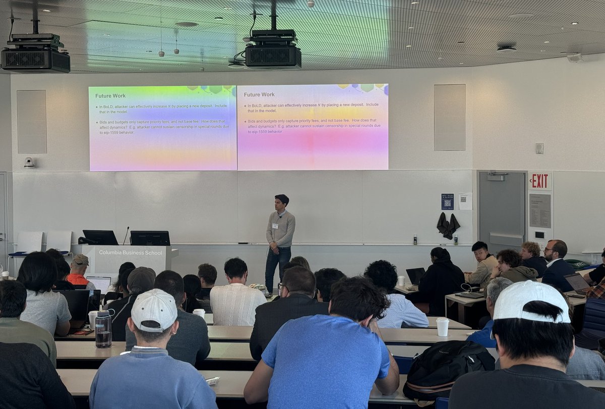 thelatestindefi's tweet image. ⭐️ The infrastructure session is underway! We're learning about:
→ Economic censorship games in fraud proofs w/ Ben Berger
→ Prooφ (pronounced profee), a ZKP market mechanism w/ @wanggary142857
→ Denial-of-service attacks on ZK-rollup TFMs w/ TLDR fellow @schaliasosvons