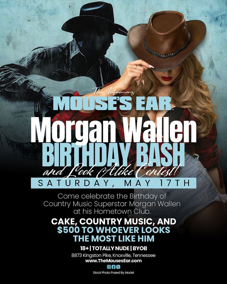Mouse’s Ear Knoxville Strip Club (@mousesearknoxtn) on Twitter photo 🎉 Get ready to celebrate, #Knoxville! 🎶 Join us at #TheMousesEar on May 17 as we throw the ultimate birthday bash for our hometown hero, <a href="/MorganWallen/">morgan wallen</a>! 🥳 There will be a chance to win $500 in our #MorganWallen look-alike contest! Don’t miss out on the fun! 🎂🤠 🎉 Get ready to celebrate, #Knoxville! 🎶 Join us at #TheMousesEar on May 17 as we throw the ultimate birthday bash for our hometown hero, <a href="/MorganWallen/">morgan wallen</a>! 🥳 There will be a chance to win $500 in our #MorganWallen look-alike contest! Don’t miss out on the fun! 🎂🤠