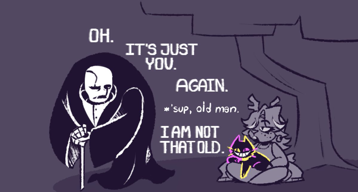 fun times down in the depths!!
(they're starting to get on each others' nerves)

#DELTARUNE #Dess #Gaster