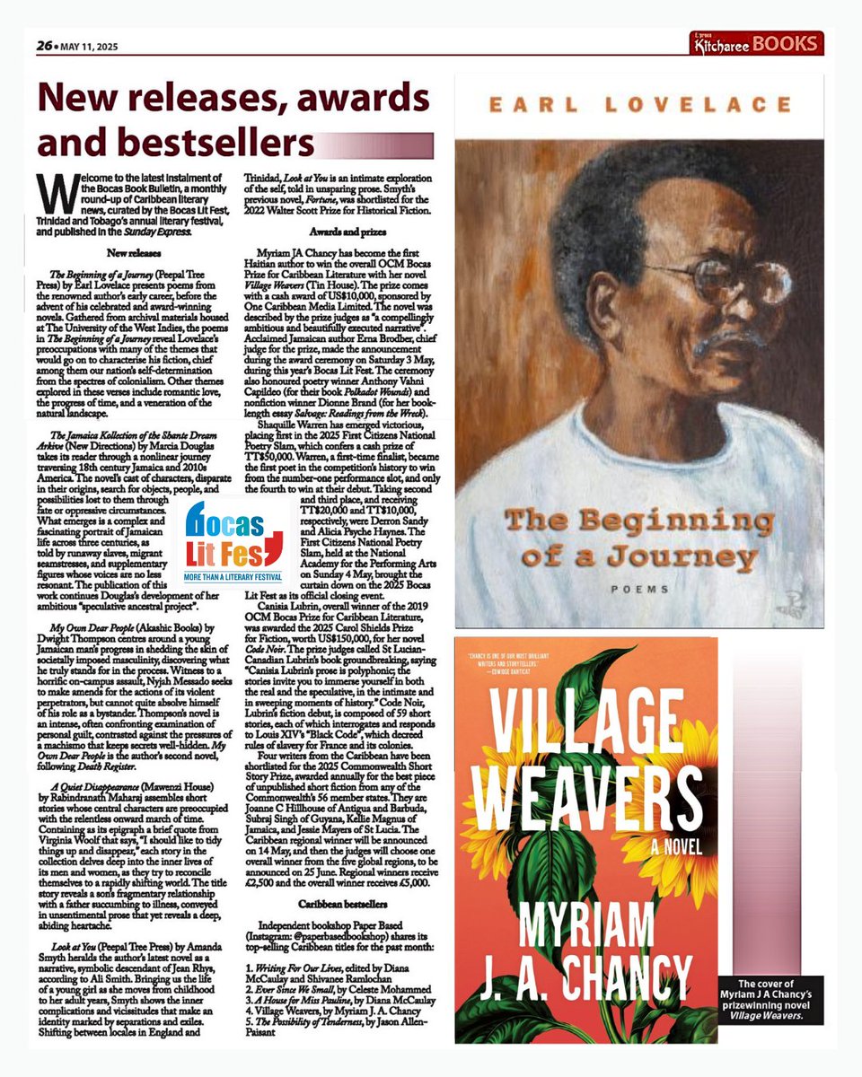 Bocas Lit Fest (@bocaslitfest) on Twitter photo May’s Bocas Book Bulletin is here! With new Caribbean releases, news of awards and prizes, and April’s bestsellers at <a href="/paperbasedbooks/">Paper Based Bookshop</a>:
trinidadexpress.com/features/local…
#bocas2025 <a href="/expressupdates/">Trinidad and Tobago Express Newspapers</a> <a href="/OCM_Group/">One Caribbean Media</a> <a href="/nationalslamtt/">First Citizens National Poetry Slam</a> May’s Bocas Book Bulletin is here! With new Caribbean releases, news of awards and prizes, and April’s bestsellers at <a href="/paperbasedbooks/">Paper Based Bookshop</a>:
trinidadexpress.com/features/local…
#bocas2025 <a href="/expressupdates/">Trinidad and Tobago Express Newspapers</a> <a href="/OCM_Group/">One Caribbean Media</a> <a href="/nationalslamtt/">First Citizens National Poetry Slam</a>
