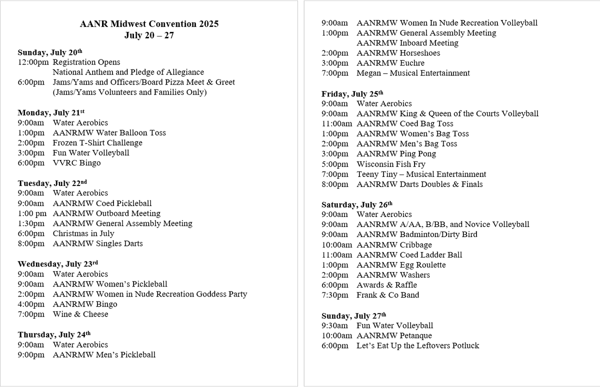 We're almost two months out from the beginning of convention! Here is the tentative schedule of events for the week.