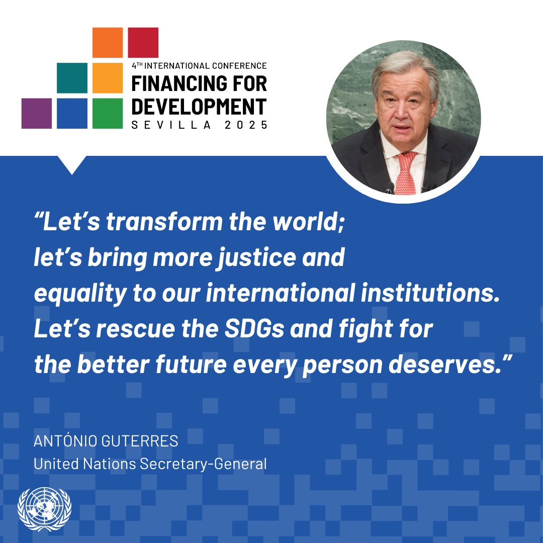GlobalGoalsUN's tweet image. 💰 Financing Our Future starts with action.
From 30 June–3 July, #FFD4 brings the world to Sevilla to unlock financing solutions for the #SDGs.
📍 FIBES Conference Centre
🤝 Govs, UN, civil society, biz & more
🔗 financing.desa.un.org/ffd4
#FinancingForDevelopment