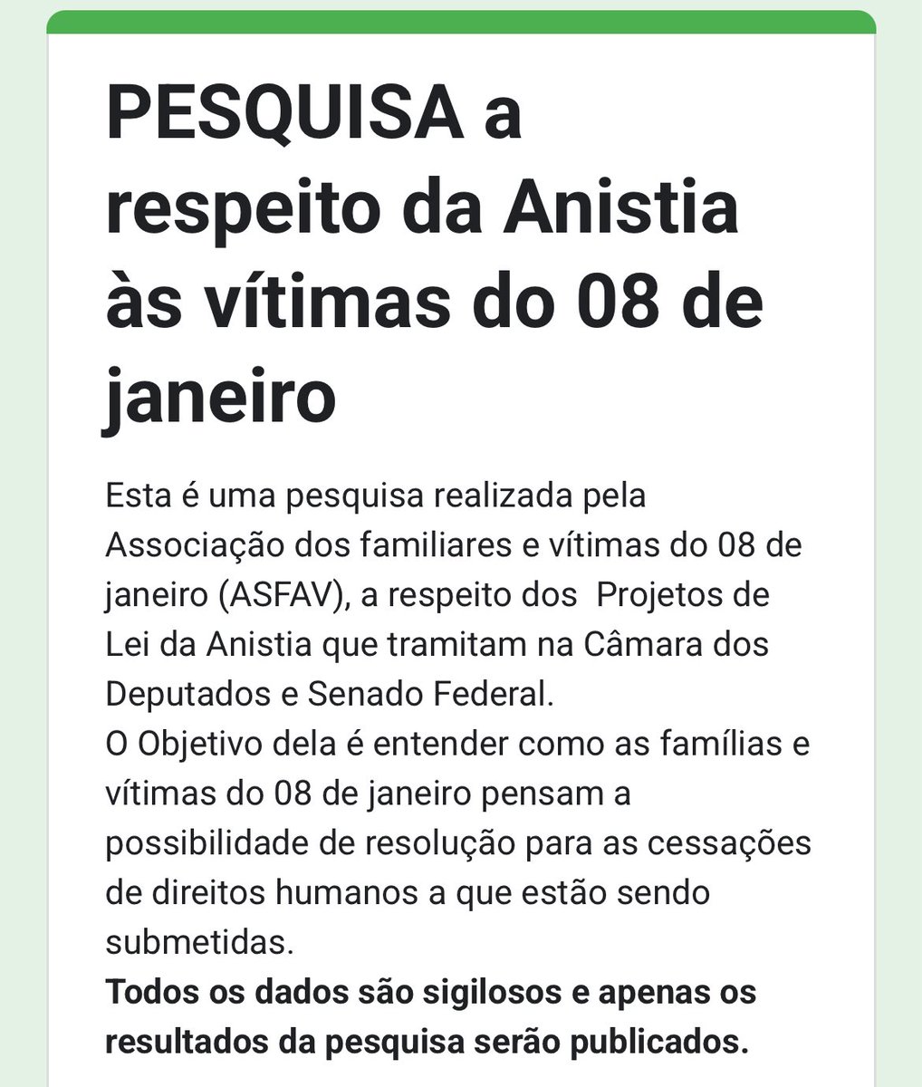 AsfavFamilias's tweet image. ASFAV lança pesquisa EXCLUSIVA PARA VITIMAS E FAMILIARES, a respeito da anistia.
Se você é familiar ou vítima do 08 de janeiro, e tem interesse em fornecer dados para esta pesquisa, responda e compartilhe esse formulário com outras vítimas e familiares.
Essa pesquisa tem como…
