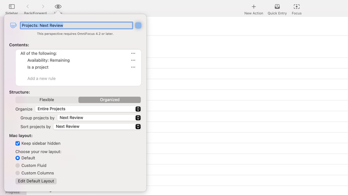 Our Custom Perspectives for #OmniFocus directory contains a growing library of custom perspectives. The latest addition is "Projects: Next Review”. It shows all remaining projects grouped by their next review date.

Check it out: vist.ly/3n46kvu