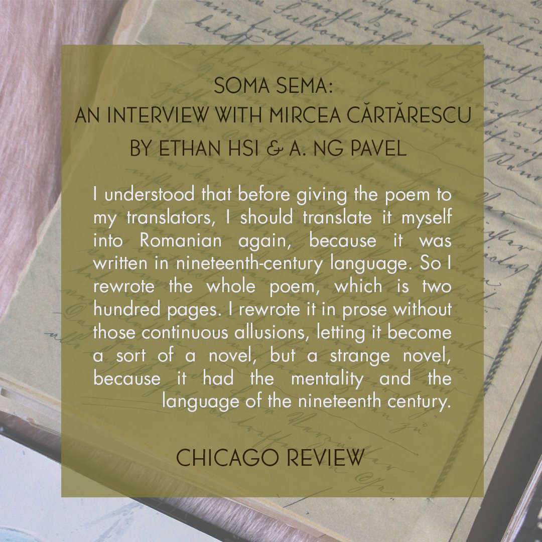 chireview's tweet image. From print issue 67:2/3/4: julie ezelle patton, Ethan Hsi (@bildungsroboy) and A. Ng Pavel's interview with Mircea Cărtărescu is now on our website. You can read it here: chicagoreview.org/soma-sema-an-i…