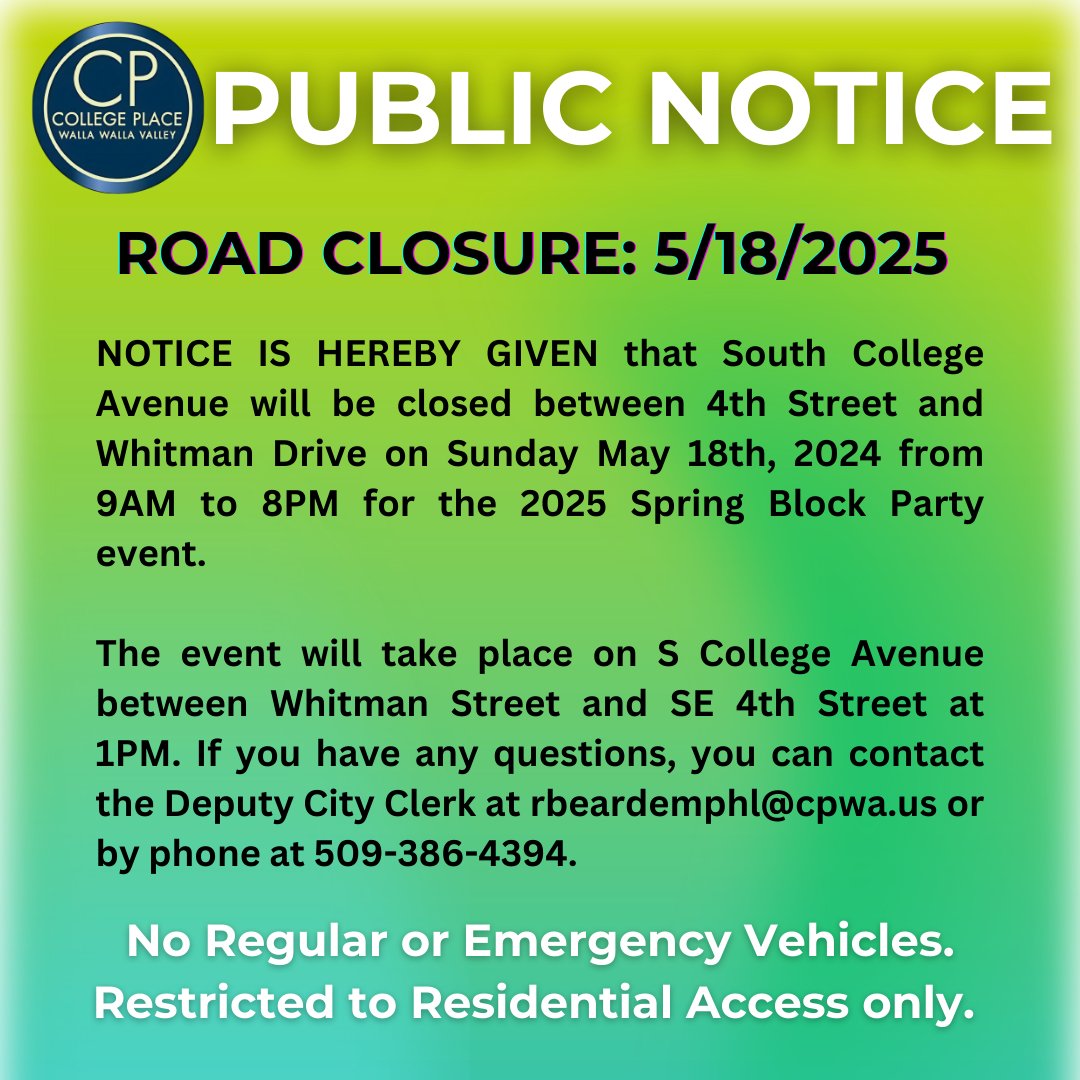 NOTICE IS HEREBY GIVEN that S. College Ave will be closed between 4th Street and Whitman Drive on Sunday May 18th, 2024 from 9AM to 8PM for the Spring Block Party.
It will take place on S College Ave between Whitman Stand SE 4th St at 1PM. Restricted to Residential Access only.