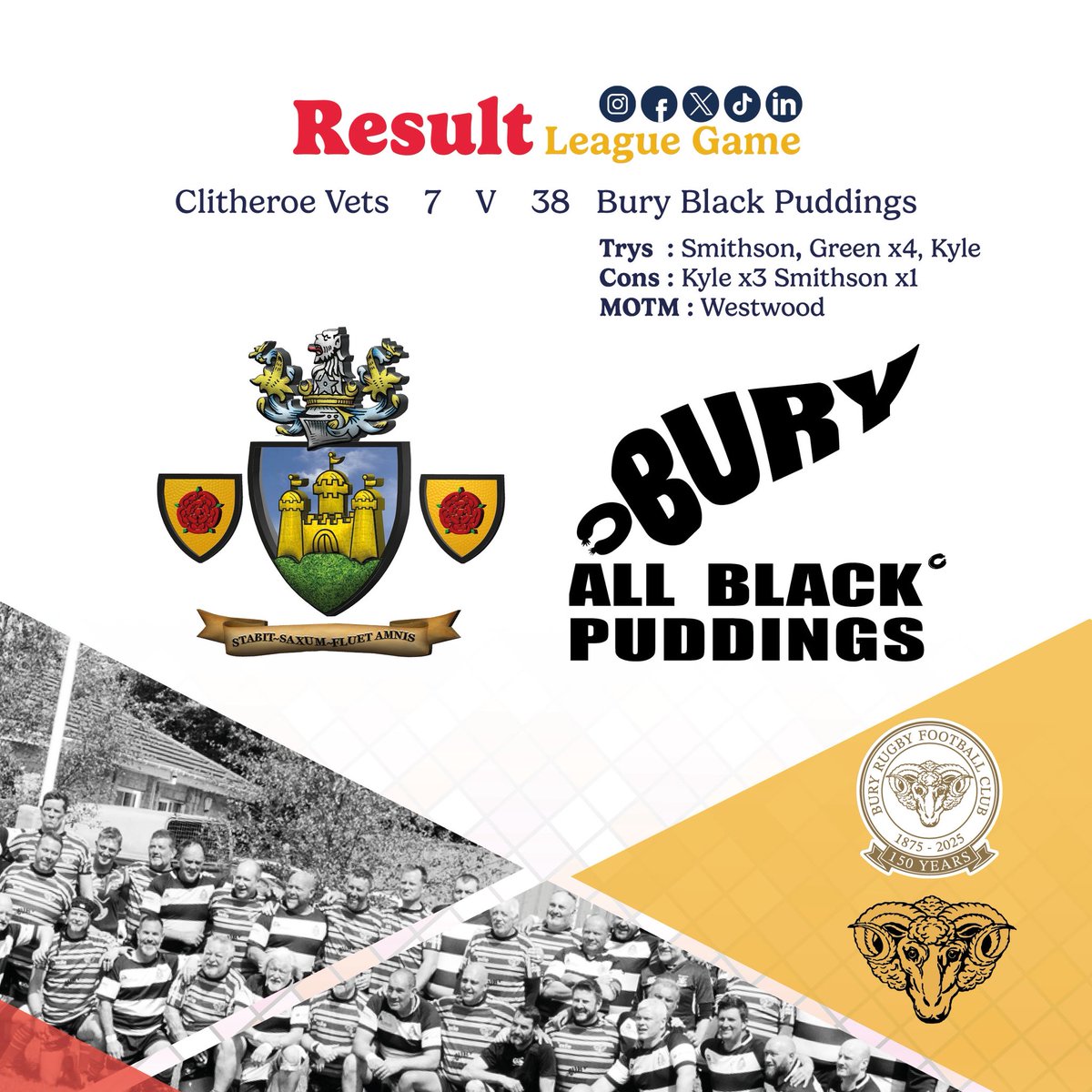 Results from the weekend!

Bury Black Puddings traveled to <a href="/clitheroerugby/">Clitheroe Rugby Club</a> to play against a Barbarian team. Great result as puddings were victorious 38-7. Big thanks to all the support 

MOTM: John Westwood

#rugby #rugbyunion #grassrootsrugby #bury