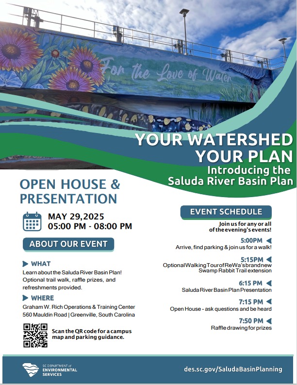 SCDES and the Saluda River Basin Council invite you to review and comment on the draft Saluda River Basin Plan! Public input will help shape water management for current and future needs. Learn more: bit.ly/4do8k7a