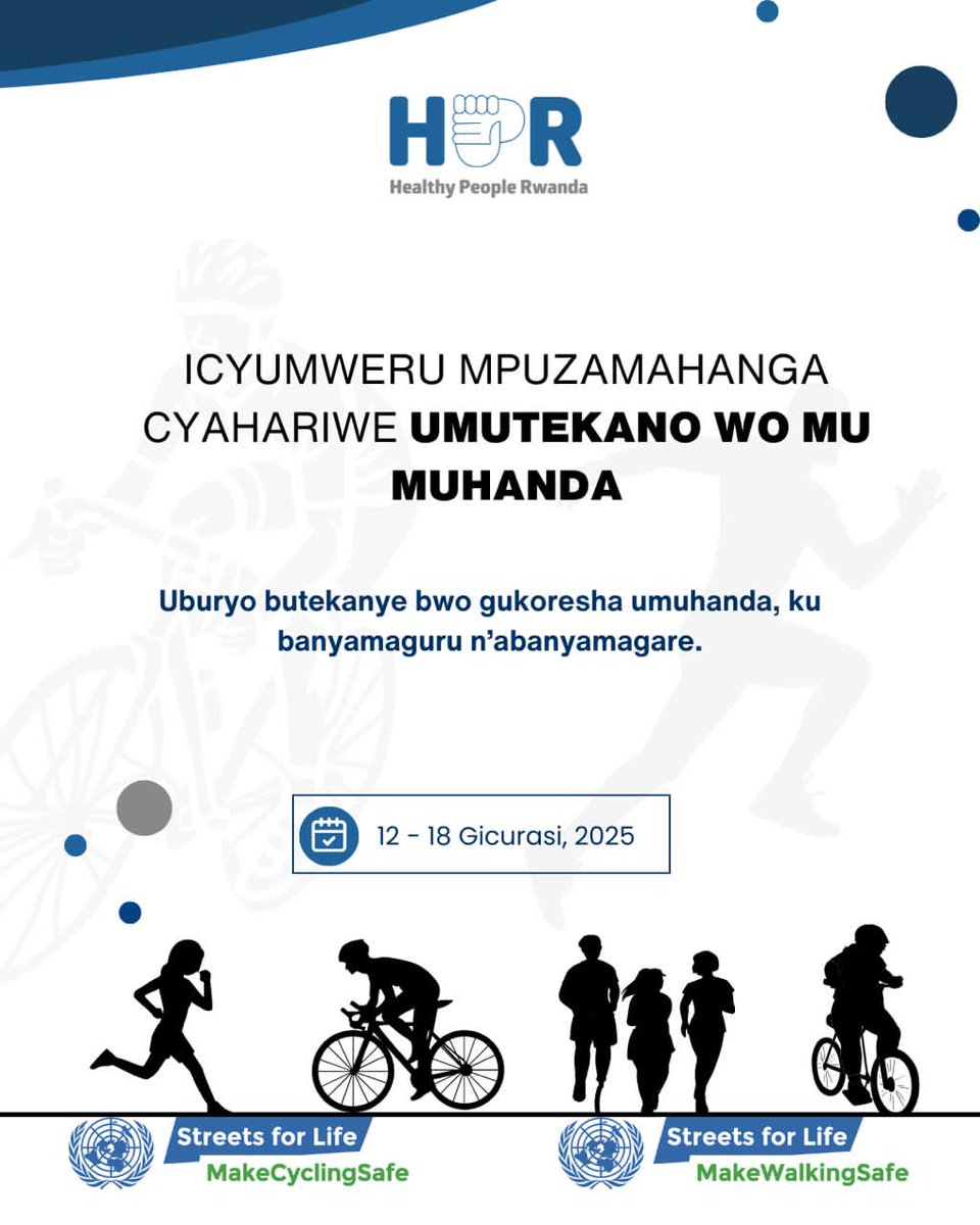 HealthyPeopleRw's tweet image. Uyu munsi hatangiye icyumweru mpuzamahanga cyahariwe umutekano wo mu muhanda. Uyu mwaka hazibandwa ku banyamagare n’abanyamaguru kuko bagize abarenga kimwe cya kane cy’abahitanwa n’impanuka zo mu muhanda. 

#UNGRSW #roadsafety #CommitToAct #MakeWalkingSafe #MakeCyclingSafe