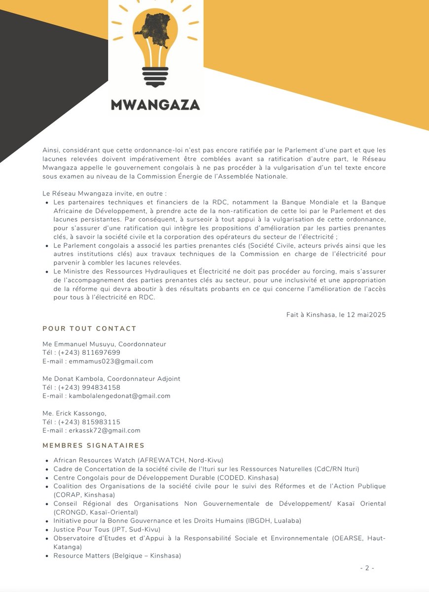 Réseau Mwangaza RDC (@mwangazareseau) on Twitter photo 1/3 #RDC: <a href="/MwangazaReseau/">Réseau Mwangaza RDC</a> invite la <a href="/BM_Afrique/">Banque mondiale AFR</a> à demander au gouvernement <a href="/SuminwaJudith/">Judith SUMINWA TULUKA</a> de surseoir tout appui à la vulgarisation de l’ordonnance modifiant la loi sur l’électricité jusqu'à l’intégration des préoccupations des parties clés. #Société #civile et secteur #privé 1/3 #RDC: <a href="/MwangazaReseau/">Réseau Mwangaza RDC</a> invite la <a href="/BM_Afrique/">Banque mondiale AFR</a> à demander au gouvernement <a href="/SuminwaJudith/">Judith SUMINWA TULUKA</a> de surseoir tout appui à la vulgarisation de l’ordonnance modifiant la loi sur l’électricité jusqu'à l’intégration des préoccupations des parties clés. #Société #civile et secteur #privé