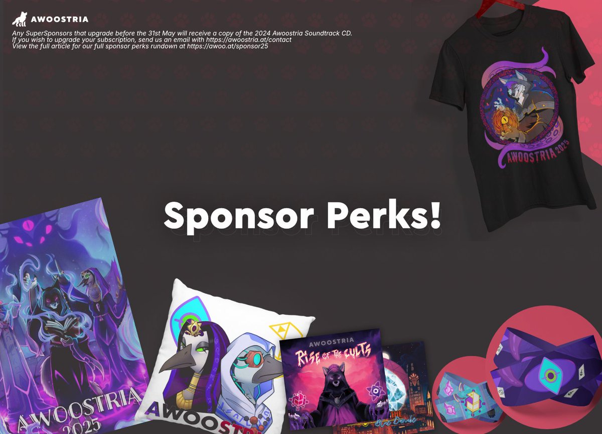 🤩 The Full Awoostria Sponsor Perks! 🤩

🎉 We are finally able to reveal the full list of perks what you receive with becoming a Sponsor Ticket holder this year!- Over 19 Unique perks could be yours!