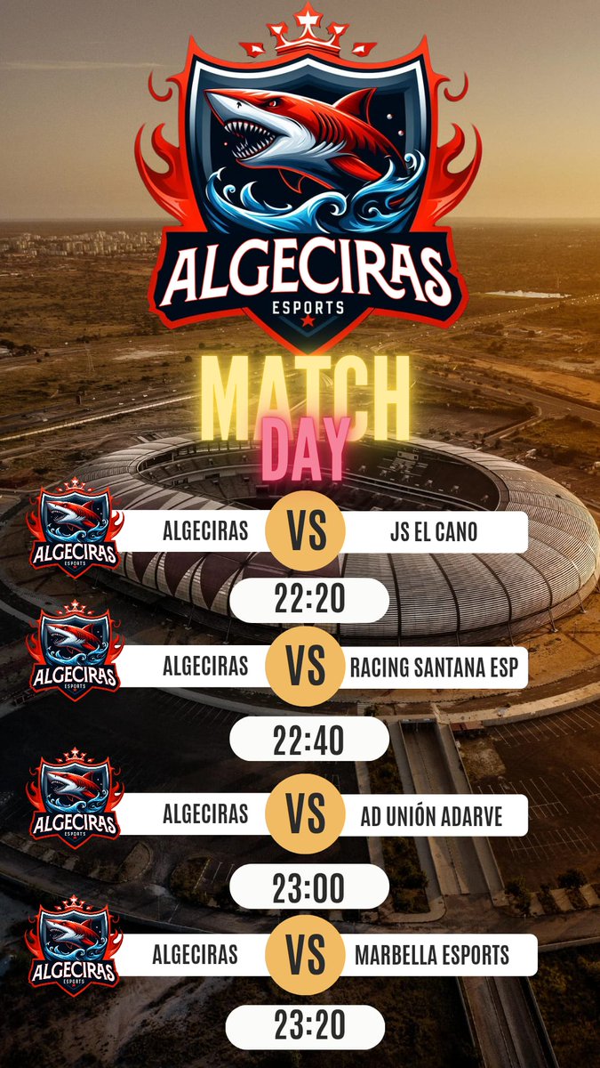Algeciras eSports (@algeciraesports) on Twitter photo ⚫🔴 Jornada Algeciras eSports {12/5}
🏆 <a href="/Official_EVF/">Elite Virtual Football</a> vs #JSELCANO
🏆 <a href="/PLGeFootBall/">PLG efootball</a> vs @RacingSantanaRD
🏆 <a href="/VPG_Spain/">Virtual Pro Gaming España</a> vs <a href="/UnionAdarve/">AD Unión Adarve</a>
🏆 <a href="/VPG_Spain/">Virtual Pro Gaming España</a> vs #MarbellaEsports ⚫🔴 Jornada Algeciras eSports {12/5}
🏆 <a href="/Official_EVF/">Elite Virtual Football</a> vs #JSELCANO
🏆 <a href="/PLGeFootBall/">PLG efootball</a> vs @RacingSantanaRD
🏆 <a href="/VPG_Spain/">Virtual Pro Gaming España</a> vs <a href="/UnionAdarve/">AD Unión Adarve</a>
🏆 <a href="/VPG_Spain/">Virtual Pro Gaming España</a> vs #MarbellaEsports