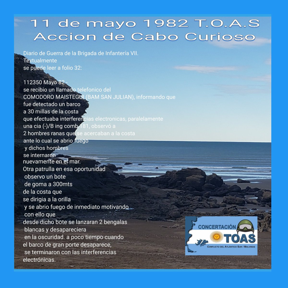 Ayer se cumplieron 43 años de una acción que está en la memoria de muchos veteranos que formaron la defensa del litoral maritimo patagonico #CaboCurioso , acción que aún se le debe  su lugar en la historia oficial del conflicto #LeyTOASya  <a href="/DiputadosAR/">Diputados Argentina</a> <a href="/SenadoArgentina/">Senado Argentina</a> <a href="/JMilei/">Javier Milei</a>