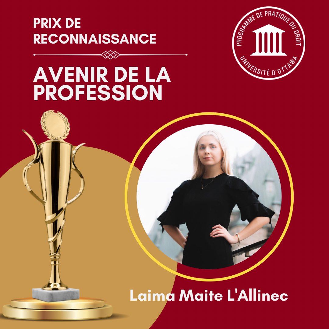 🏆Ce prix de reconnaissance est décerné à une personne candidate qui incarne les idéaux les plus élevés de la profession juridique. Par son professionnalisme exemplaire et son sens profond de l’éthique.

Félicitations Mme Laima L’Allinec.