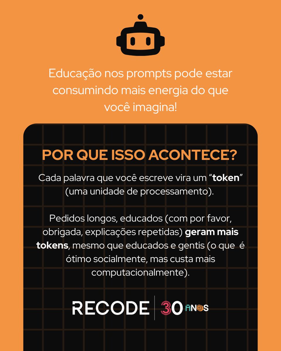rederecode's tweet image. Sabia que a forma como você escreve seu prompt (texto) pode impactar diretamente no meio ambiente, pelo tempo e na energia que o ChatGPT usa para te responder? 🤔
Seja direto e tenha clareza no pedido assim, você terá uma resposta mais rápida e eficiente!
#Recode30Anos
