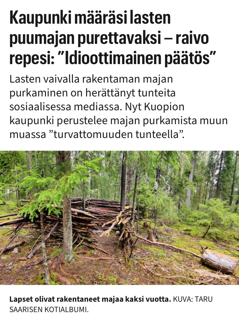 Tämä meni niin, että pojat rakensivat parin vuoden ajan puumajaa. Eivät kaataneet puita, roskanneet tai häirinneet ketään (paitsi tietenkin Kuopion kaupungin virkamiehiä). Joku lähistöltä huolestui, kun luuli, että kyseessä kodittoman maja. Rakentajien vanhemmat selvittivät asian