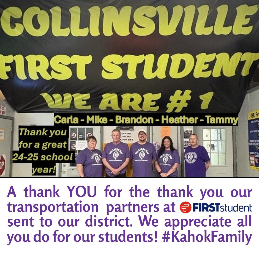 Collinsville CUSD10 (@cusd10) on Twitter photo Our partners at <a href="/FirstStudentInc/">First Student</a> are a valuable part of our Kahok Family. They sent us a special thank you for a successful 24-25 school year. We couldn't have done it without their dedication to our students. 💜 #KahokFamily #proudtobeakahok #kahoknation Our partners at <a href="/FirstStudentInc/">First Student</a> are a valuable part of our Kahok Family. They sent us a special thank you for a successful 24-25 school year. We couldn't have done it without their dedication to our students. 💜 #KahokFamily #proudtobeakahok #kahoknation
