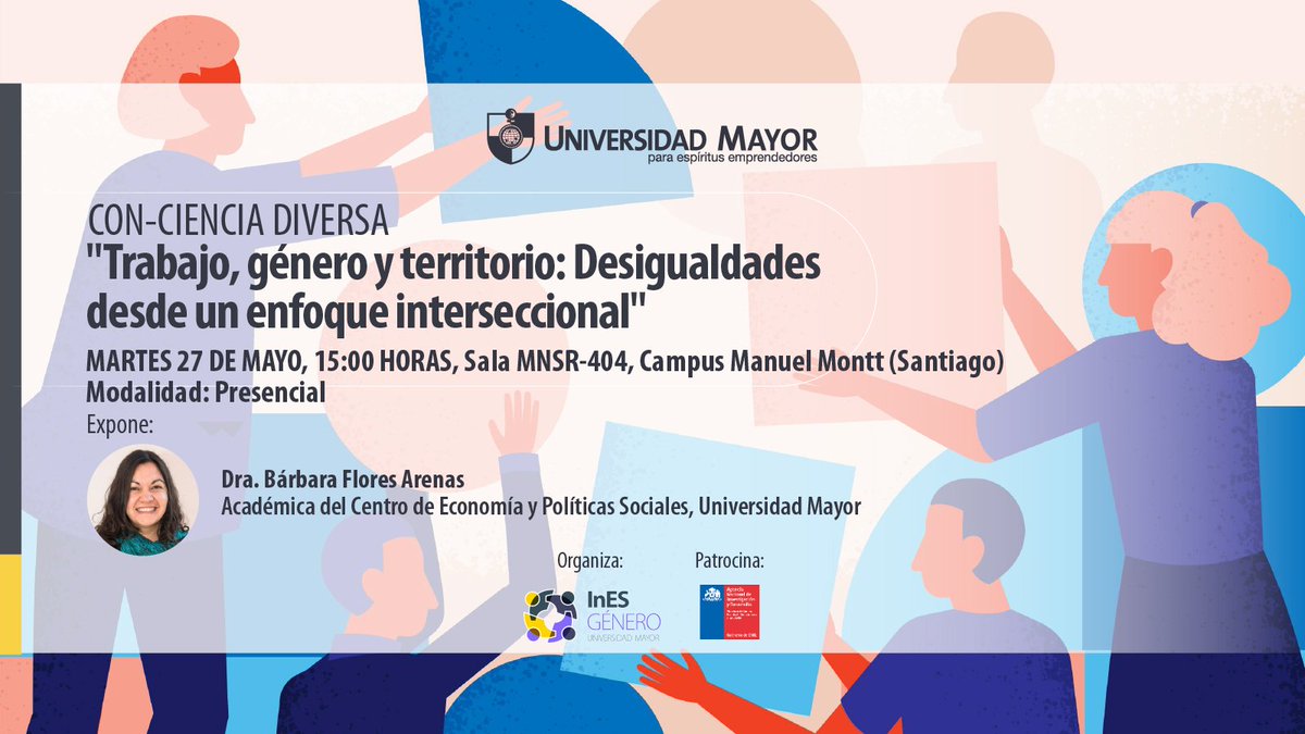 CEASumayor's tweet image. La Dra. Bárbara Flores presentará "Trabajo, género y territorio: Desigualdades desde un enfoque interseccional" el lunes 27 de Mayo a las 15 horas en el Campus Manuel Montt (Sala MNSR-404)
No te lo pierdas!
