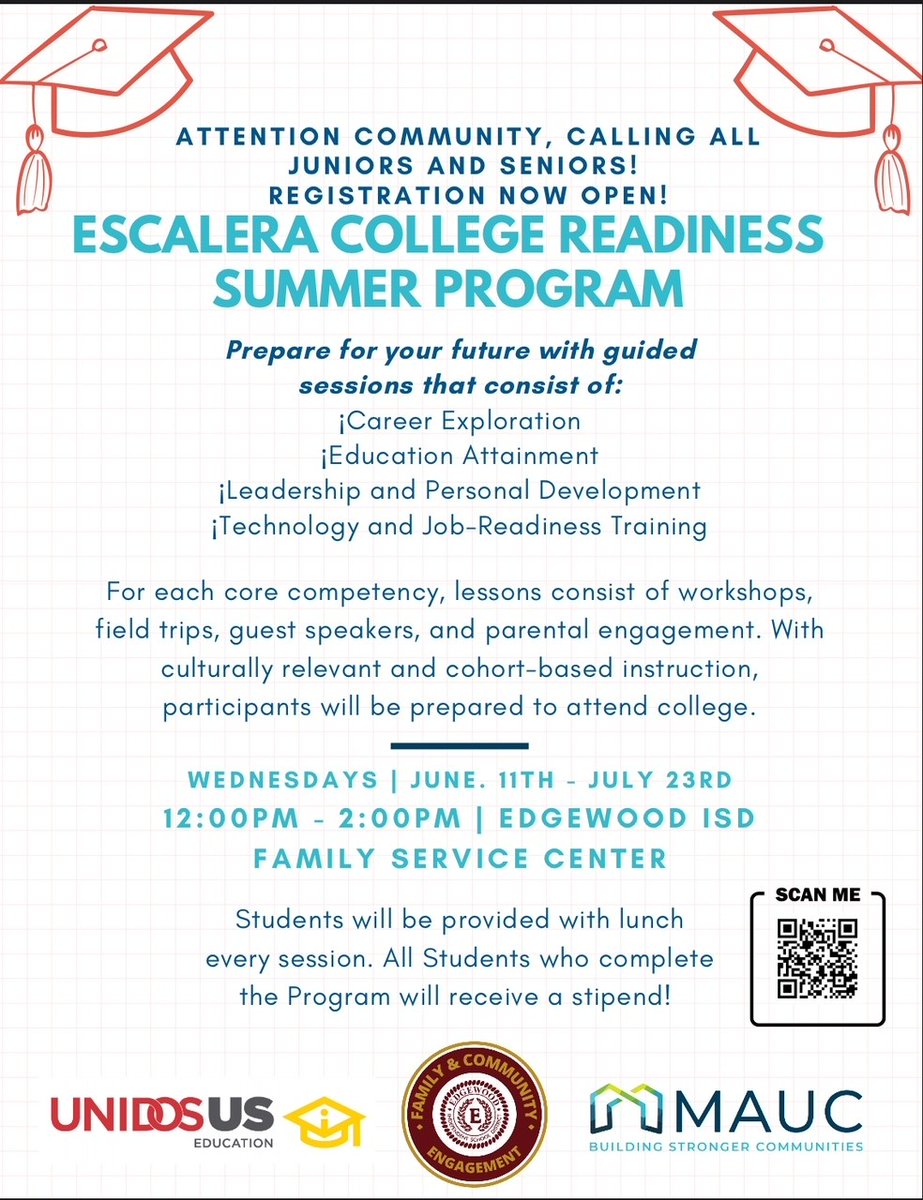 George Garnica (@eisdfe) on Twitter photo ๐ Join the Escalera College Readiness Summer Program!
Explore ๐ Education, ๐ผ Leadership, ๐ป Tech & Job Skills.
๐ฝ๏ธ Free lunch at every session
๐ฐ Stipend for completing the program!
๐ข Limited spots โ sign up now! <a href="/EISDofSA/">Edgewood ISD</a> <a href="/EISD_Counseling/">EISD Guidance & Counseling</a> ๐ Join the Escalera College Readiness Summer Program!
Explore ๐ Education, ๐ผ Leadership, ๐ป Tech & Job Skills.
๐ฝ๏ธ Free lunch at every session
๐ฐ Stipend for completing the program!
๐ข Limited spots โ sign up now! <a href="/EISDofSA/">Edgewood ISD</a> <a href="/EISD_Counseling/">EISD Guidance & Counseling</a>