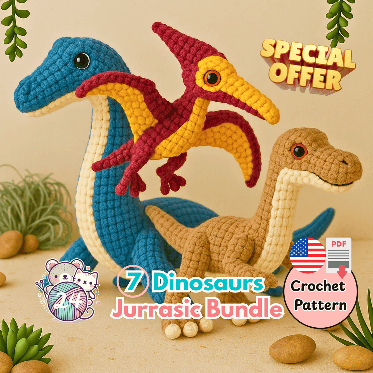 Crochet_DIY_24's tweet photo. Dinosaur Jurrasic 7in1 Crochet PATTERN T-REX Amigurumi, PDF Dino Plush Toy Design, Plesiosaur, Pterodactyl Pteranodon, Stegosaur, Gift kids

https://t.co/kBAVx7zfRg https://t.co/xnGR6jDmHU