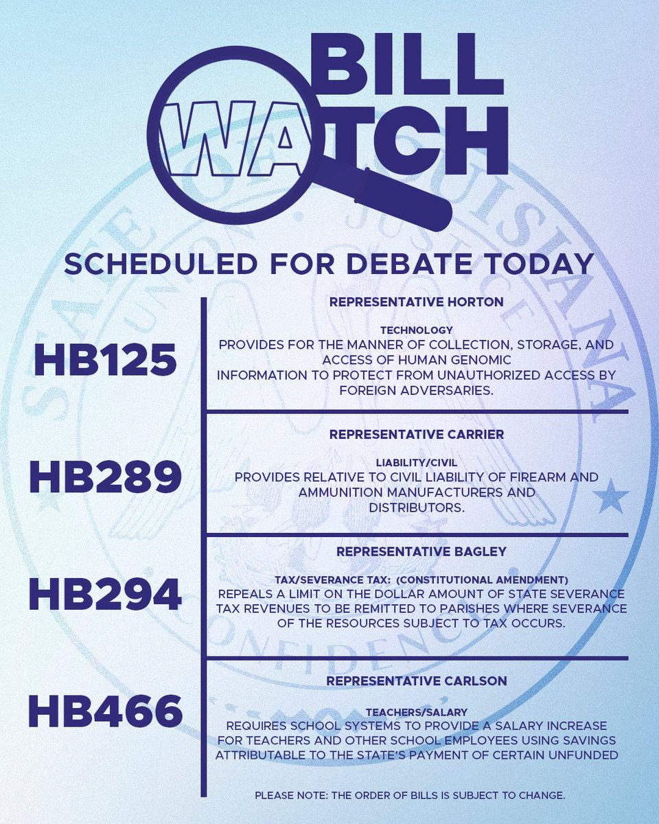 Key bills up for debate today—tune in now to watch the action via the LALEGE app or legis.la.gov

#lalege