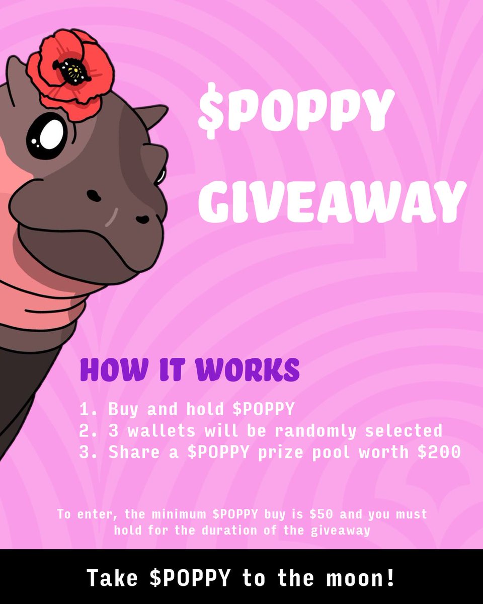 PoppyThePygmy's tweet photo. 🎉 THE $POPPY GIVEAWAY IS HERE 🎉

Buy and hold a minimum of $50 worth of $POPPY tokens from today until the end of May to have a chance of winning a share of our $200 prize pool! 🤩

The more you buy, the better chance of being one of our lucky winners 💰

At the beginning of June, we’ll randomly select 3 chad wallets who have held throughout May 💎

Prize pool:

1st place - $100 worth of $POPPY tokens
2nd place - $50 worth of $POPPY tokens
3rd place - $50 worth of $POPPY tokens

And don’t worry, accumulation is allowed in case you want to increase your amount of entry lots throughout the month 🤝

Your $POPPY bags will pump while you hold, we’re super bullish 🚀

CA: GD1AR5uHytu7nHJ9zWYEEHytmLe7MaD8wg6Tzesdpump

TG: https://t.co/nLEE1TE000