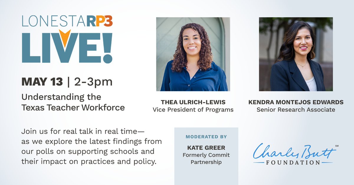 Join LONESTARP3 for a lively webinar discussion with leaders from the Charles Butt Foundation. Hear insights on Texas teachers from education research &amp; polling findings, and how those insights are shaping the foundation's emerging strategic plan. 

RSVP: lonestarp3.org/upcoming-event…
