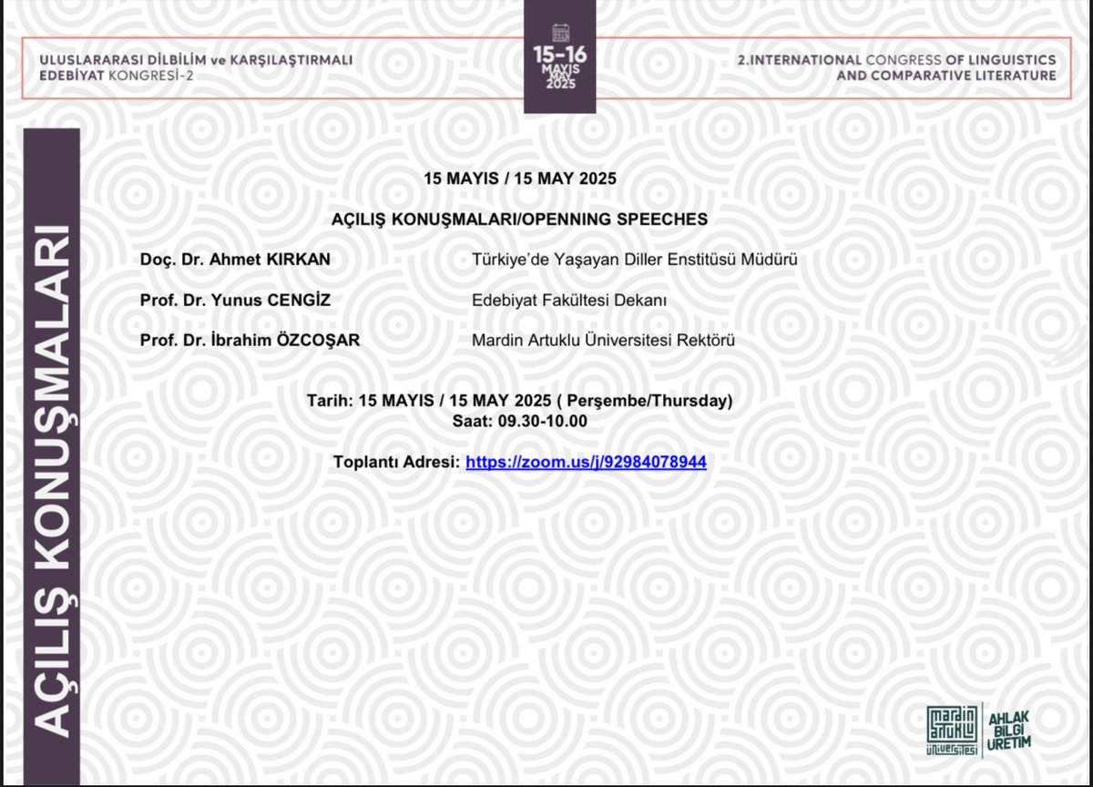 Enstitümüzün, Edebiyat fakültesi ile birlikte düzenlediği 2. Dilbilim ve Karşılaştırmalı Edebiyat Kongre programı belli oldu. Kongremiz Çevrimiçi ZOOM ortamında düzenlenecek olup zoom linkleri aşağıdadır.

15 Mayıs 2025 Perşembe
Açılış konuşması: zoom.us/j/92984078944

.