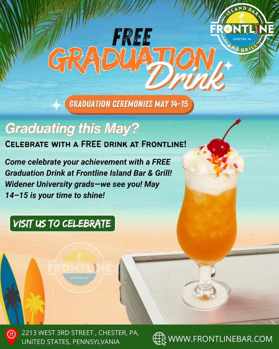 FrontlineBar's tweet image. 🎓 Cheers to the Class of 2025! 🥂 Celebrate your big moment with a FREE Graduation Drink at Frontline Island Bar &amp;amp; Grill on May 14-15! 🌴🎉 Grab your squad, make memories, and toast to new beginnings! 👏

#Graduation2025 #CelebrateYourMoment #GradVibes #IslandVibes #FreeDrink