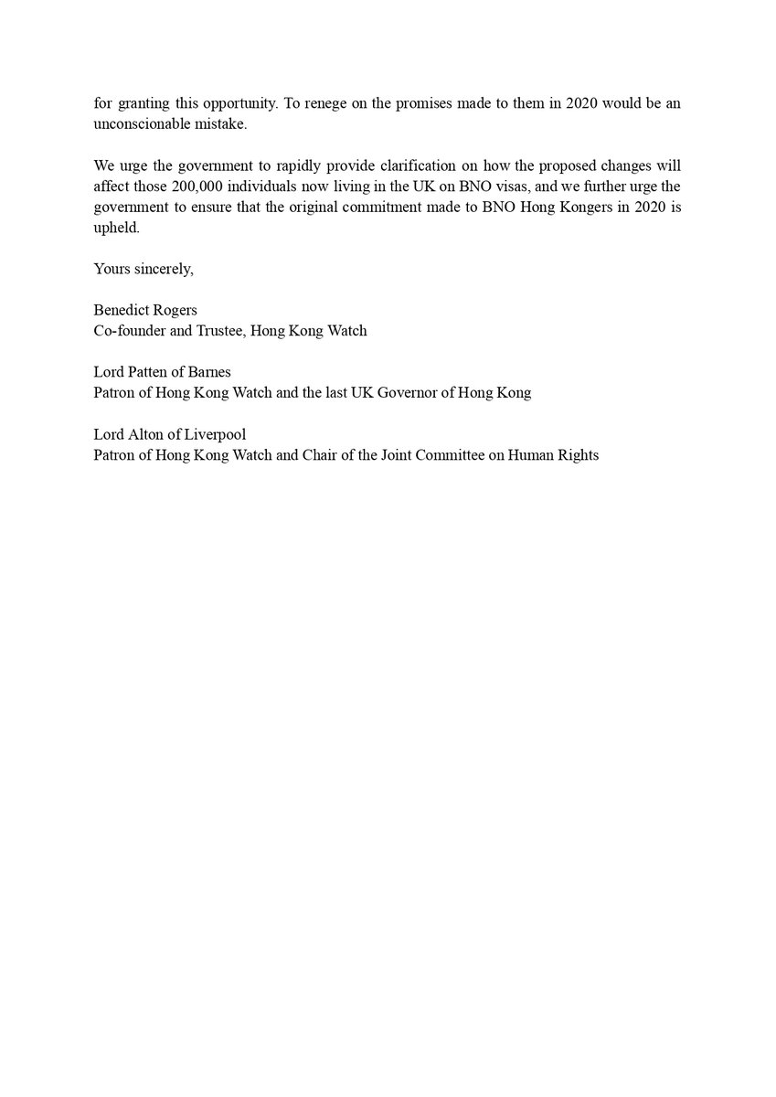 Hong Kong Watch (@hk_watch) on Twitter photo Today our co-founder and Trustee <a href="/benedictrogers/">Benedict Rogers 羅傑斯</a> and our Patrons, Lord Patten of Barnes and <a href="/DavidAltonHL/">Lord (David) Alton</a>, wrote to <a href="/yvettecooper/">yvette hughey</a> to urge for clarity on whether #BNO visa holders are affected by proposed changes to the Immigration Rules.
We urge <a href="/GOVUK/">GOV.UK</a> to stand by their Today our co-founder and Trustee <a href="/benedictrogers/">Benedict Rogers 羅傑斯</a> and our Patrons, Lord Patten of Barnes and <a href="/DavidAltonHL/">Lord (David) Alton</a>, wrote to <a href="/yvettecooper/">yvette hughey</a> to urge for clarity on whether #BNO visa holders are affected by proposed changes to the Immigration Rules.
We urge <a href="/GOVUK/">GOV.UK</a> to stand by their