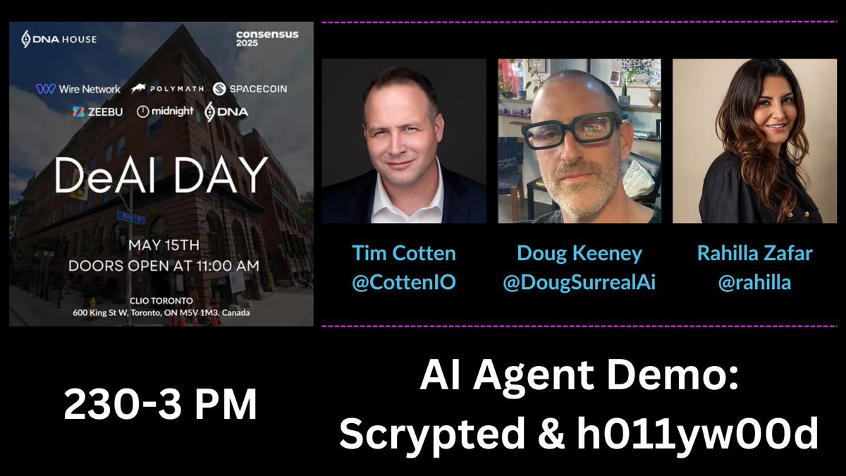 It's <a href="/consensus2025/">Consensus 2025</a> week and DeAI DAY is almost here! 

We're eagerly awaiting this epic AI Agent Demo, featuring <a href="/CottenIO/">Tim Cotten</a> , <a href="/DougSurrealAi/">Douglas Keeney</a> and <a href="/rahilla/">rahilla</a> as they show off the amazing <a href="/h011yw00dAgent/">h011yw00d</a> powered by AVB tech!

Check the replies for more details and RSVP now!