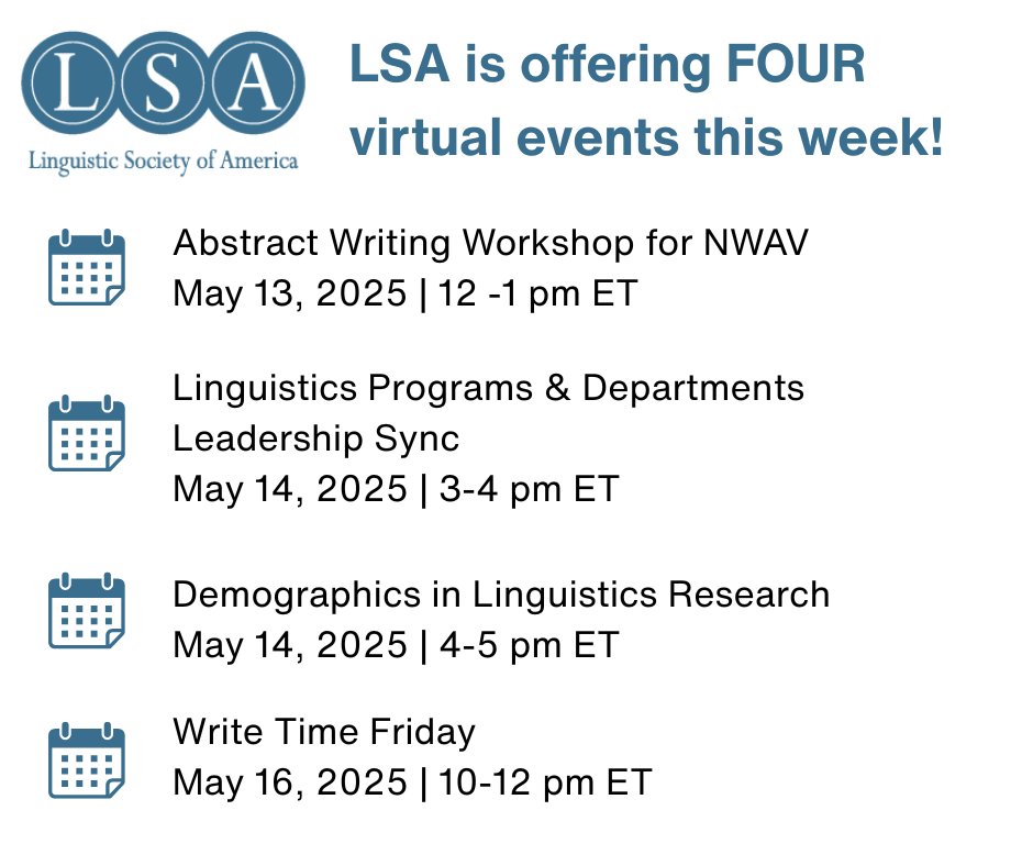 We’ve got a fantastic lineup of webinars and events this week designed to support, connect, and empower linguists at all stages of their careers. Mark your calendars! Explore the LSA Calendar to learn more and register: lsadc.org/calendar_list.… #linguistics #LSAwebinars #academic