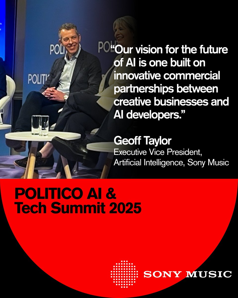 sonymusicnews's tweet image. At the POLITICO AI & Tech Summit, Geoff Taylor, EVP of Artificial Intelligence, spoke about his vision for AI’s future and the UK’s potential to lead technological innovation due to its strong creative industries and growing AI sector.