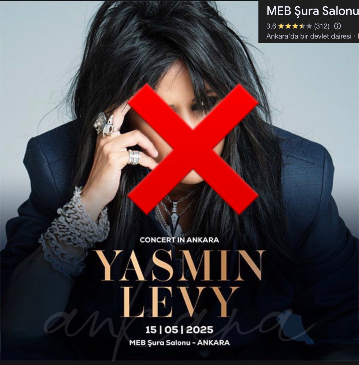 “İsrailli Şarkıcı Yasmin Levy 'nin
Milli Eğitim Bakanlığına Bağlı
MEB Şura Salonunda 15 Mayıs'da
Yapacağı Konserin Acilen İptalini
Talep Ediyoruz ❌

İptalin O Tarihe Kadar Gerçekleşmemesi Durumunda, <a href="/MudafaaHareketi/">Müdafaa-i İslam Hareketi</a> Olarak
Anayasanın 34. Maddesi Gereğince,
Verilen Haklar
