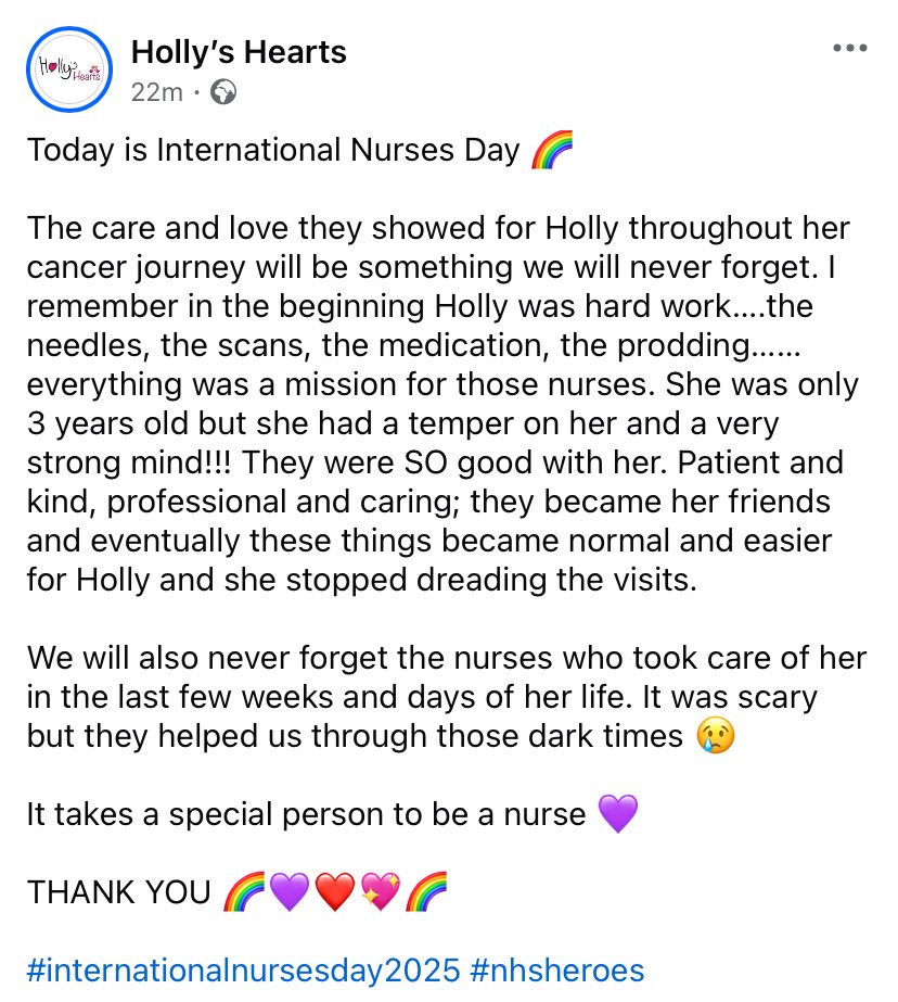 Today is International Nurses Day 🌈 

The care and love they showed for Holly throughout her cancer journey will be something we will never forget.

It takes a special person to be a nurse 💜

THANK YOU 🌈💜❤️💖🌈 

#InternationalNursesDay2025
#nhsheroes