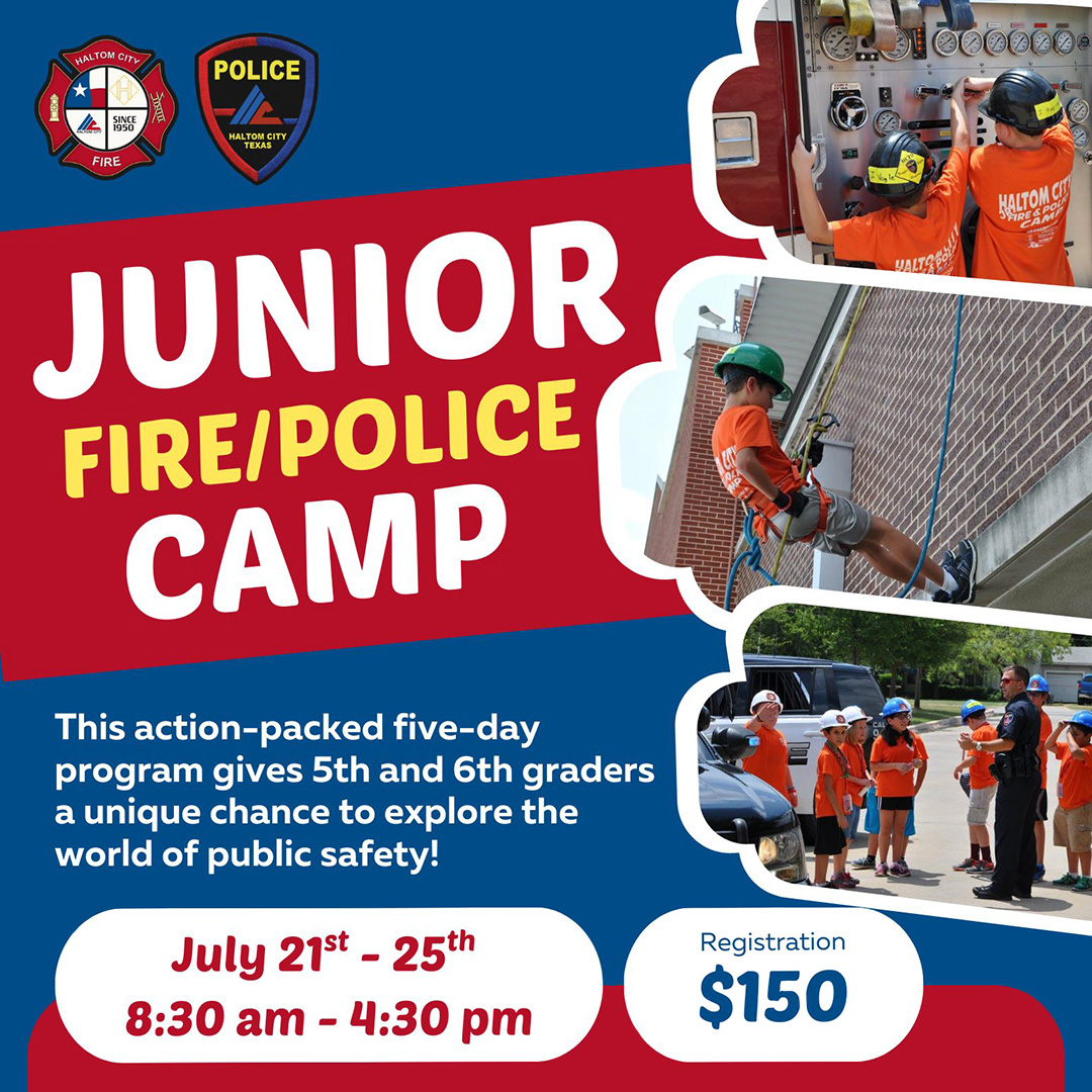 Future Firefighters &amp; Police Officers Wanted! 
🚓🚒

Join Haltom City’s 2025 Junior Fire/Police Camp — a 5-day adventure for 5th &amp; 6th graders!

🚨 Limited spots — register now!

facebook.com/events/1615157… 

#HaltomCityCamp #JuniorFirePoliceCamp #SummerFun #PublicSafetyHeroes