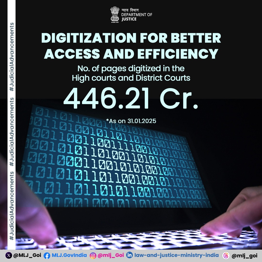 MLJ_GoI's tweet image. As a key step in the judicial modernization initiative, the High Courts and District Courts in India have digitized 446.21Cr. pages, facilitating quicker access, greater efficiency, and easier record handling. #DoJ #DigitalCourtRecord #Digitilization