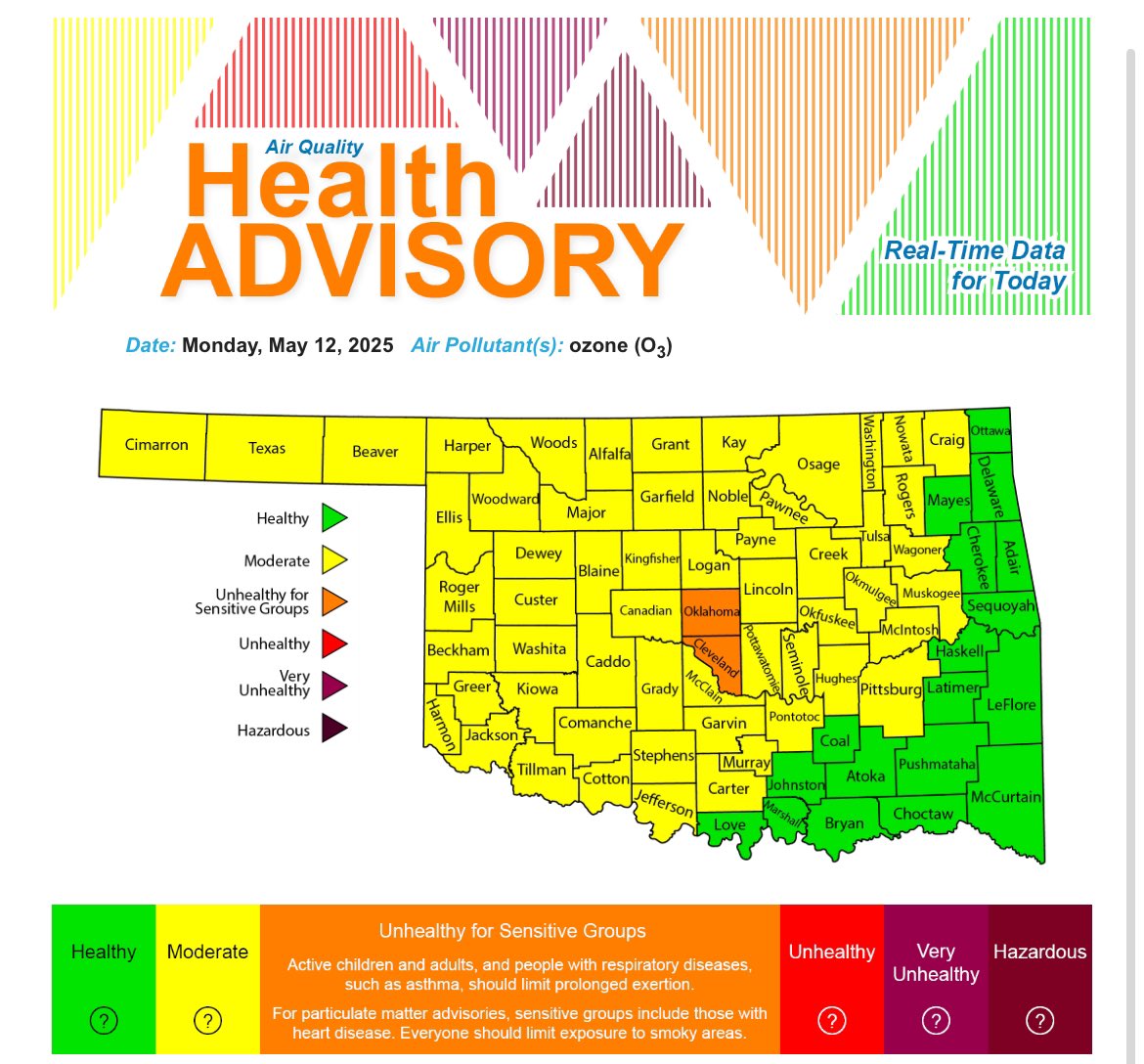Oklahoma DEQ (@oklahomadeq) on Twitter photo DEQ has issued an air quality health advisory based on real-time data. For more information, visit deq.ok.gov/air-quality-di…
Sign up to receive text messages and/or emails whenever DEQ issues Air Quality Health Advisories by following this link: deq.ok.gov/air-quality-di… DEQ has issued an air quality health advisory based on real-time data. For more information, visit deq.ok.gov/air-quality-di…
Sign up to receive text messages and/or emails whenever DEQ issues Air Quality Health Advisories by following this link: deq.ok.gov/air-quality-di…