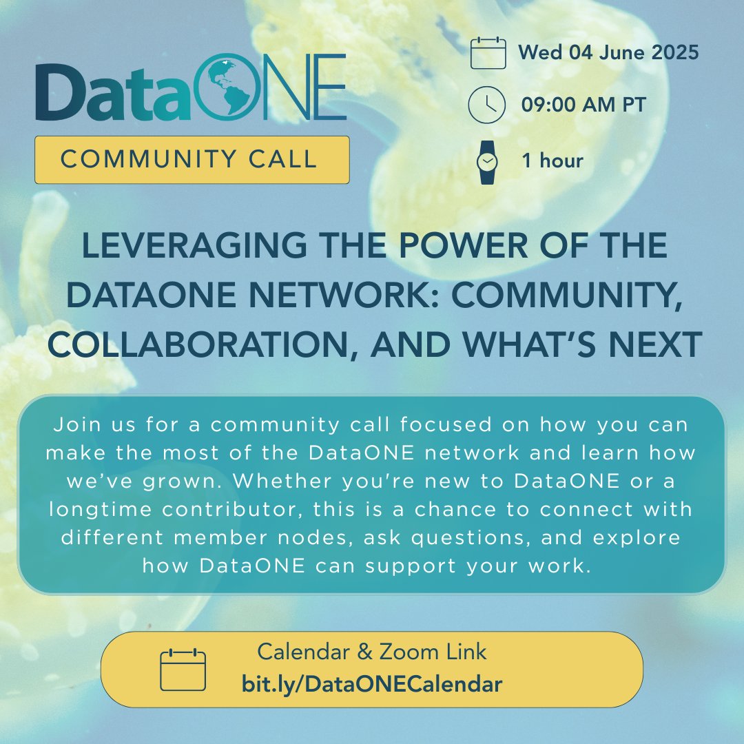 Join the next DataONE Community Call on June 4 at 9 AM PT! We’re bringing the community together to share how the DataONE network has grown, highlight our replication services for data preservation, and explore how you can get involved. Spread the word! 🔗bit.ly/DataONECalendar
