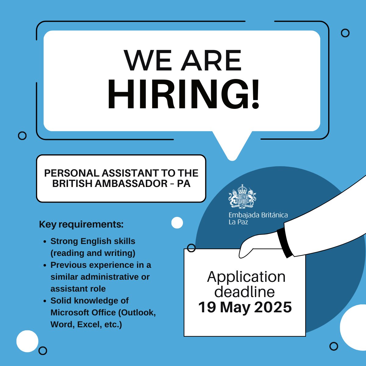 📢 🇬🇧 The British Embassy in Bolivia is looking for a motivated and highly organised professional to join our team!
Position: Personal Assistant to the British Ambassador
Location: La Paz, Bolivia
Deadline: 19 May 2025
Interested? Apply now 🔗fco.tal.net/vx/lang-en-GB/…

#UKinBolivia
