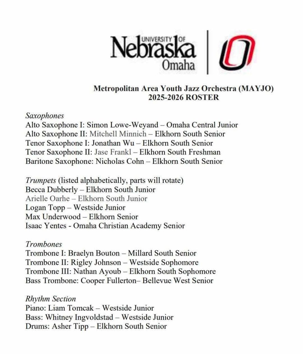 Bands_MSHS's tweet image. Congratulations to Braelyn Bouton for auditioning and being selected for First Trombone in the Metro Area Youth Jazz Orchestra in 2025-2026. Totally Awesome!!!!