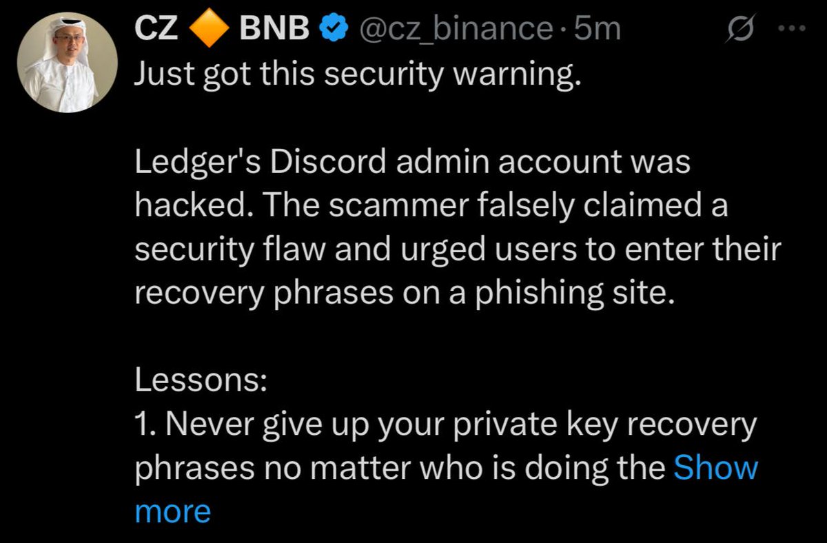 Jamosparsa's tweet image. ⚠️ CZ Warns: Ledger Discord Hacked!
Hackers posed as Ledger admins &amp;amp; tricked users into revealing recovery phrases. Never share your keys—ever.

#LedgerHack #CryptoSecurity #CZ #Phishing #Discord