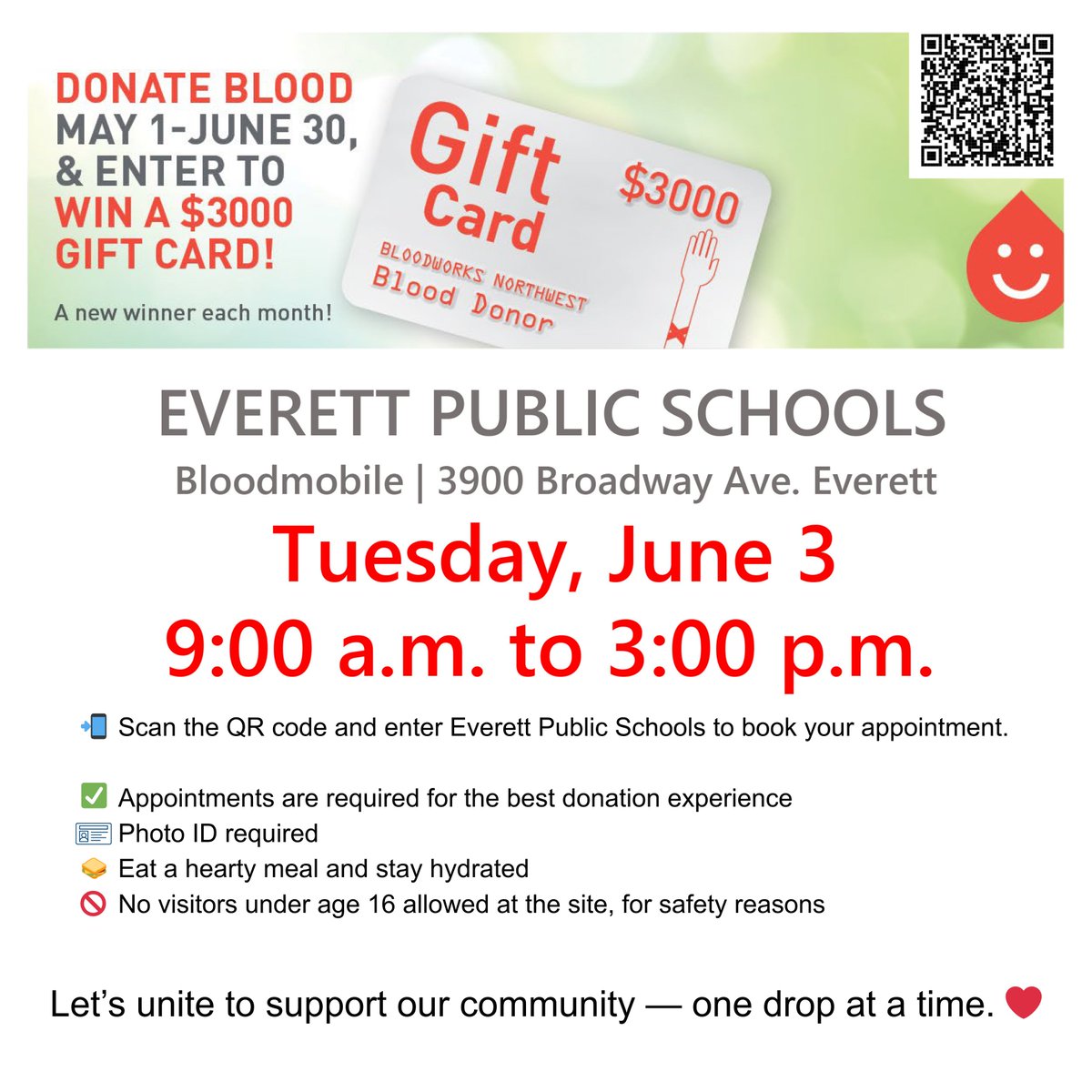 🩸 Be a hero with @bloodworksnw + Everett Public Schools!
📅 Tues, June 3 | 9 a.m.–3 p.m.
📍 3900 Broadway Ave., Everett
📲 Book: bloodworksnw.org/giveblood
🔎 Enter “Everett Public Schools”
✅ Appt &amp; photo ID required
#boldforblood #boundbyblood