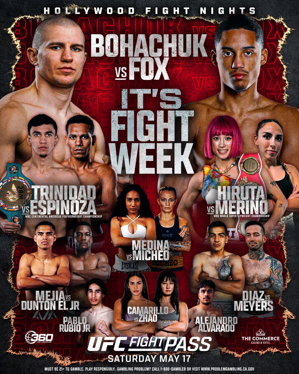 360 Promotions (@360boxingpromos) on Twitter photo ๐๐โ๐ ๐
๐๐๐๐ ๐๐๐๐! Live on <a href="/UFCFightPass/">UFC FIGHT PASS</a> this Saturday night from the <a href="/CommerceCasino/">The Commerce Casino & Hotel</a>
TICKET ๐hollywoodfightnights.festivalsetup.com
#UFCFightPassย #HFNBoxingย
#HollywoodFightNights #BohachukFox #TrinidadEspinoza #HirutaMerino ๐๐โ๐ ๐
๐๐๐๐ ๐๐๐๐! Live on <a href="/UFCFightPass/">UFC FIGHT PASS</a> this Saturday night from the <a href="/CommerceCasino/">The Commerce Casino & Hotel</a>
TICKET ๐hollywoodfightnights.festivalsetup.com
#UFCFightPassย #HFNBoxingย
#HollywoodFightNights #BohachukFox #TrinidadEspinoza #HirutaMerino