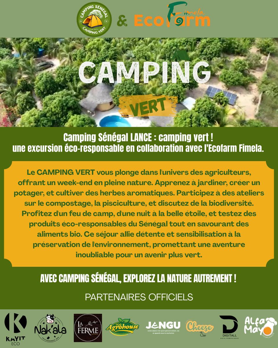 CAMPING VERT 🏕 
Plongez dans l’univers des agriculteurs, profitez d’un week-end en pleine nature 🍃
Apprenez à jardiner, créer un potager et cultiver des herbes aromatiques. Participez à des ateliers sur le compostage ♻️ et la pisciculture, tout en discutant de la biodiversité.