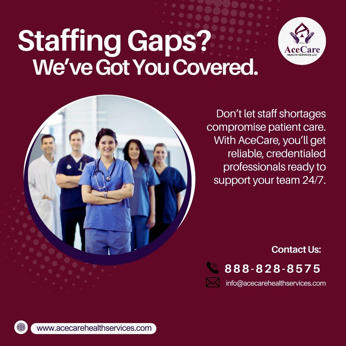acecarehsllc's tweet image. We connect healthcare facilities with compassionate, qualified professionals who truly care. Let us help you deliver excellence in patient care every shift, every day. 
#AceCareStaffing #TrustedHealthcarePartner #HealthcareStaffingSolutions #AceCareValues
